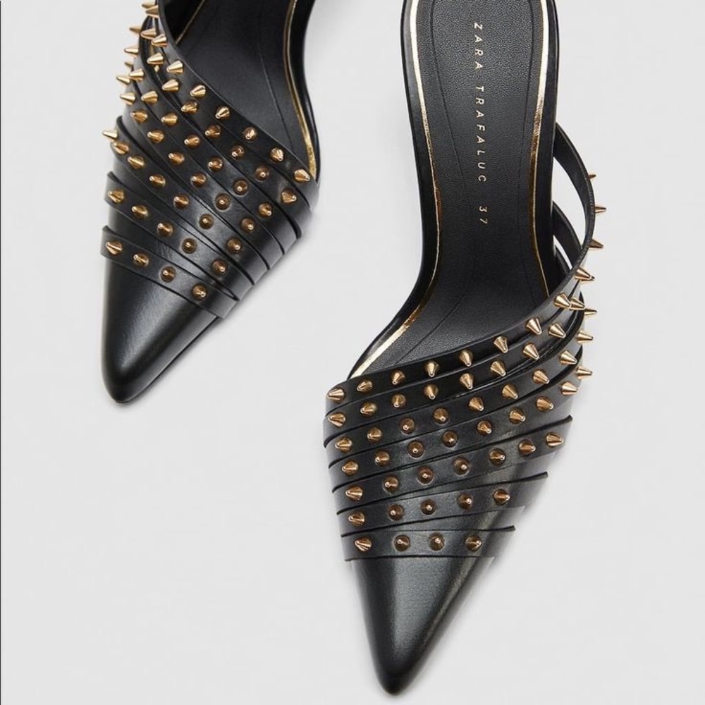 ZARA Black Gold Studded Strappy Kitten Miles Heels Size 36